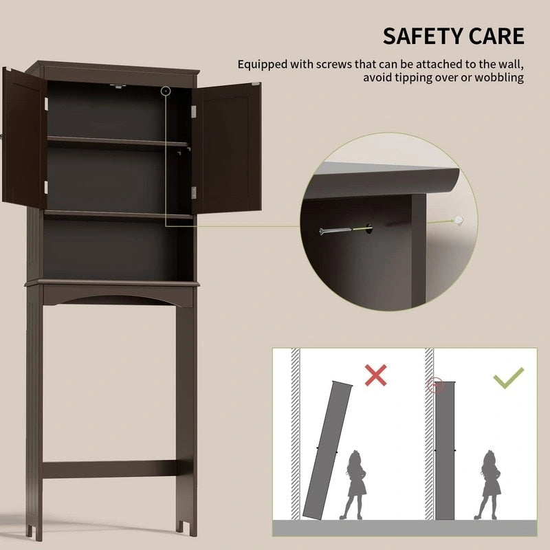 Over-the-Toilet Bathroom Storage Cabinet with Double Door and Open Shelf
