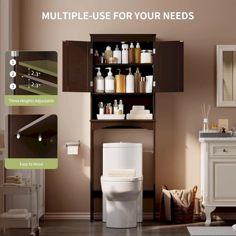 Over-the-Toilet Bathroom Storage Cabinet with Double Door and Open Shelf