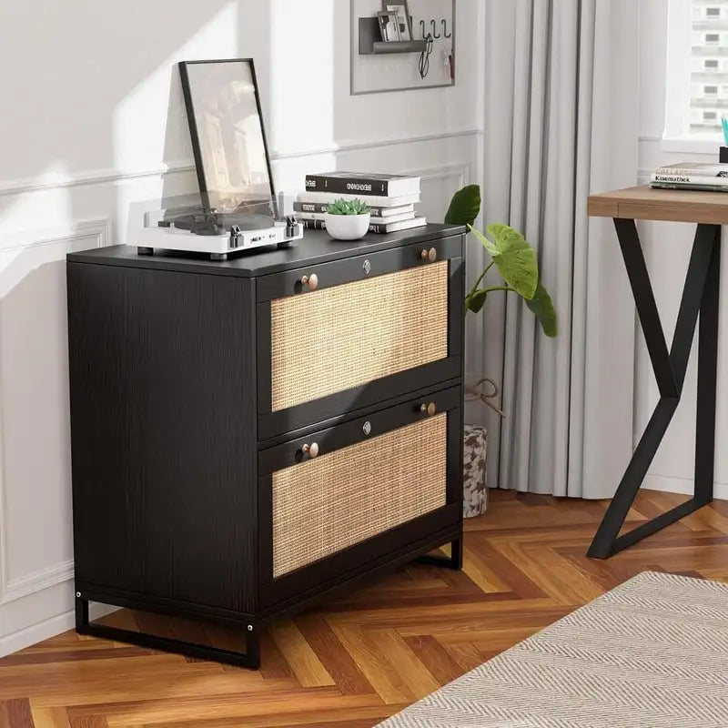 Wood Rattan 2-Drawer Lateral File Cabinet with Lock for Home Office