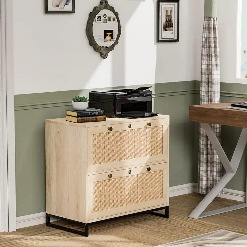 Wood Rattan 2-Drawer Lateral File Cabinet with Lock for Home Office