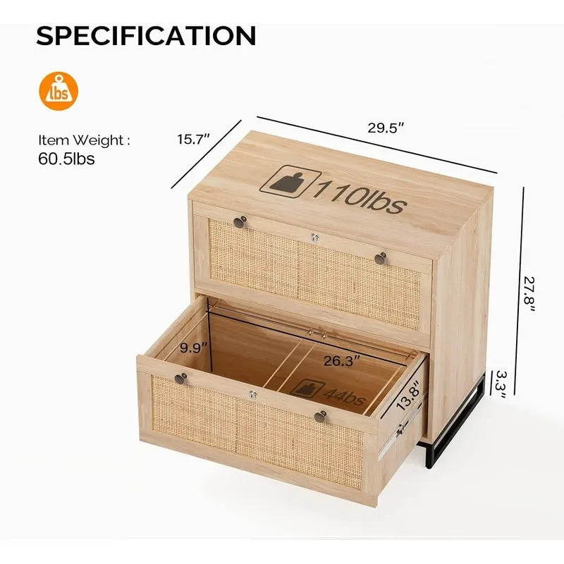 Wood Rattan 2-Drawer Lateral File Cabinet with Lock for Home Office