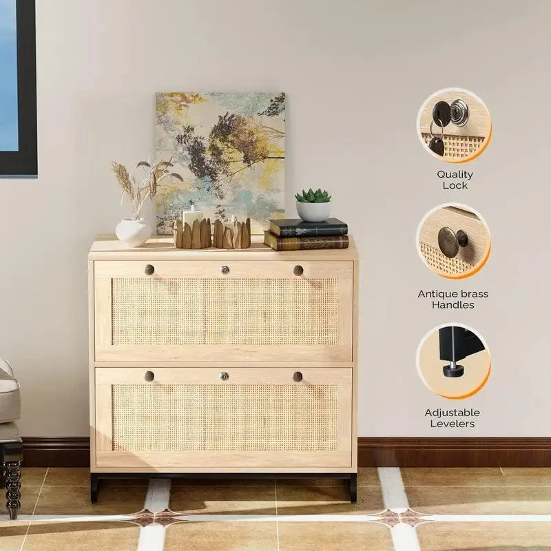 Wood Rattan 2-Drawer Lateral File Cabinet with Lock for Home Office