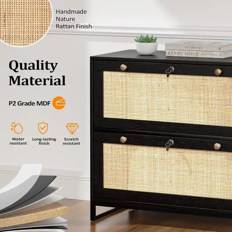 Wood Rattan 2-Drawer Lateral File Cabinet with Lock for Home Office