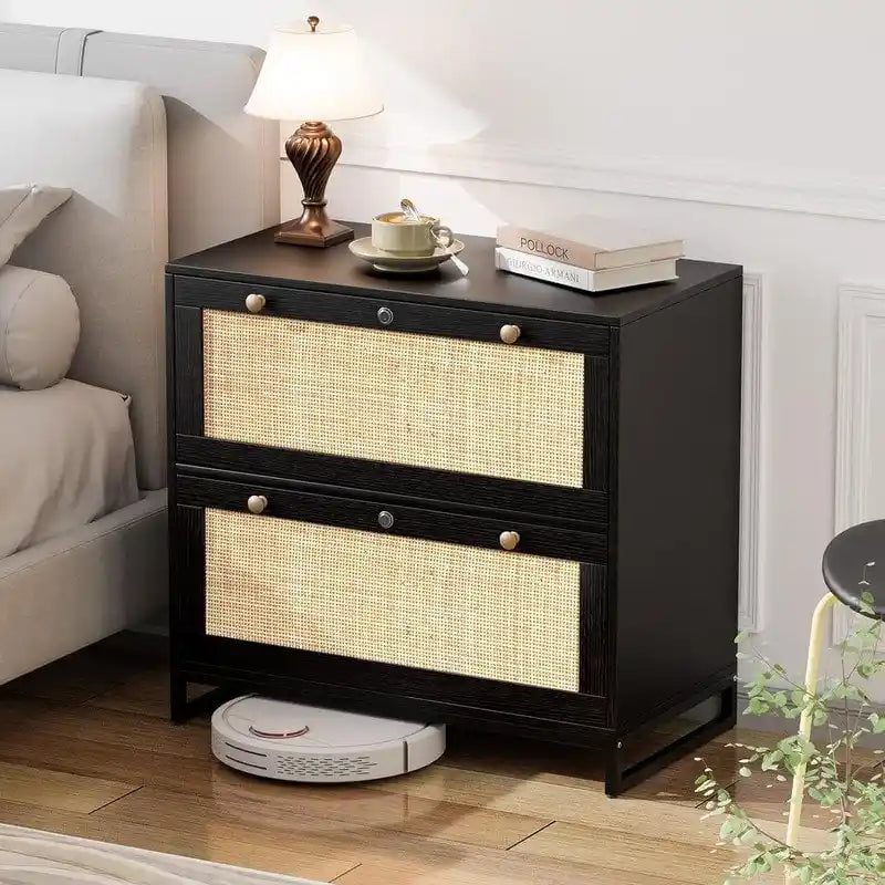 Wood Rattan 2-Drawer Lateral File Cabinet with Lock for Home Office