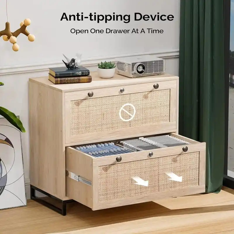 Wood Rattan 2-Drawer Lateral File Cabinet with Lock for Home Office
