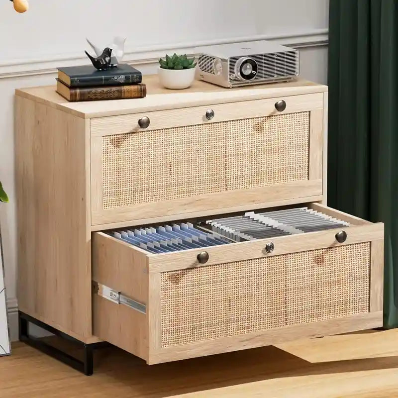 Wood Rattan 2-Drawer Lateral File Cabinet with Lock for Home Office