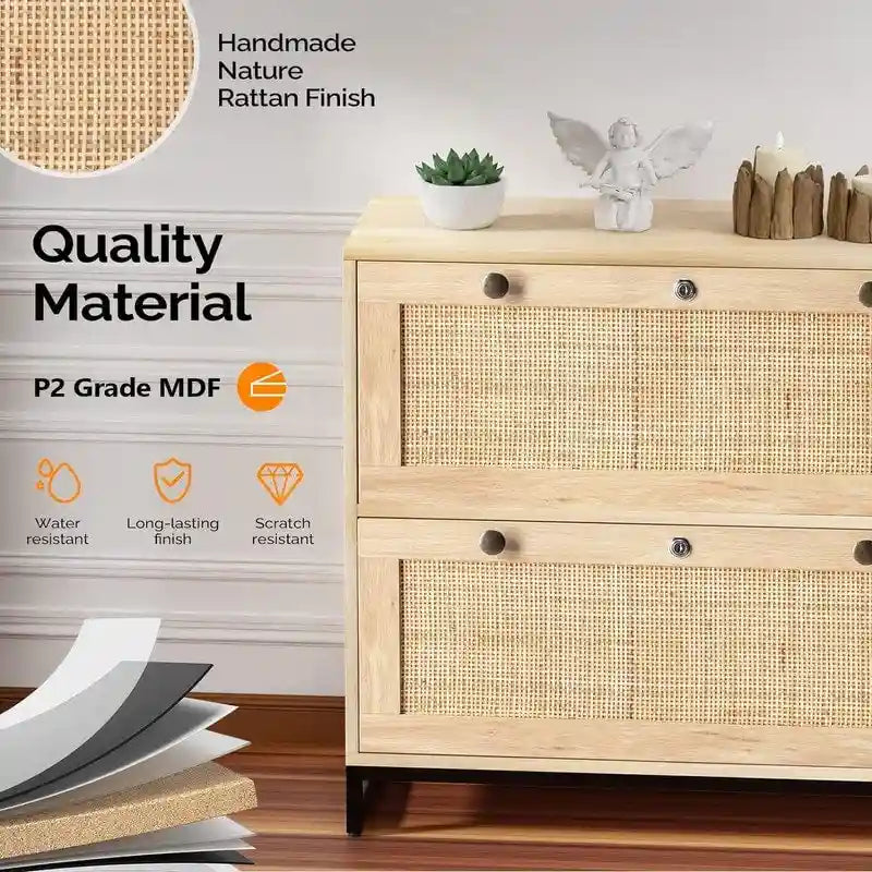 Wood Rattan 2-Drawer Lateral File Cabinet with Lock for Home Office