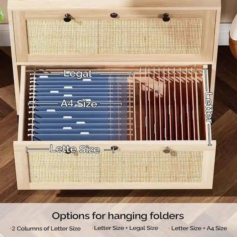 Wood Rattan 2-Drawer Lateral File Cabinet with Lock for Home Office