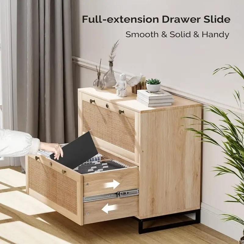 Wood Rattan 2-Drawer Lateral File Cabinet with Lock for Home Office