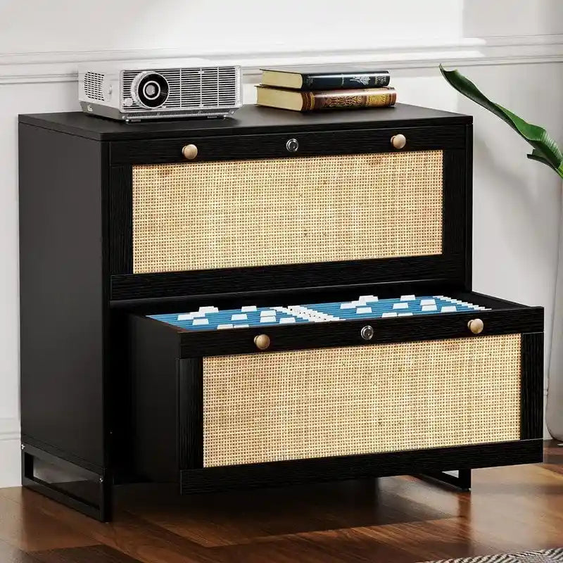 Wood Rattan 2-Drawer Lateral File Cabinet with Lock for Home Office