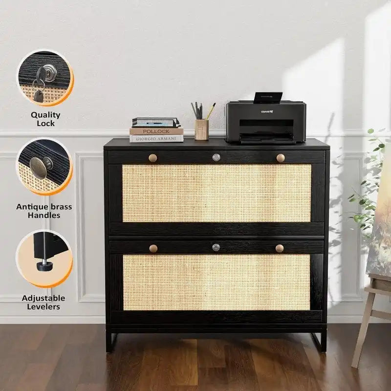 Wood Rattan 2-Drawer Lateral File Cabinet with Lock for Home Office