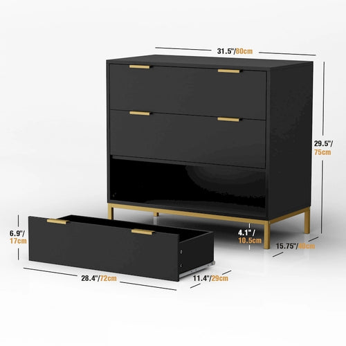 3-Drawer Black Dresser with Gold Handles and Metal Legs