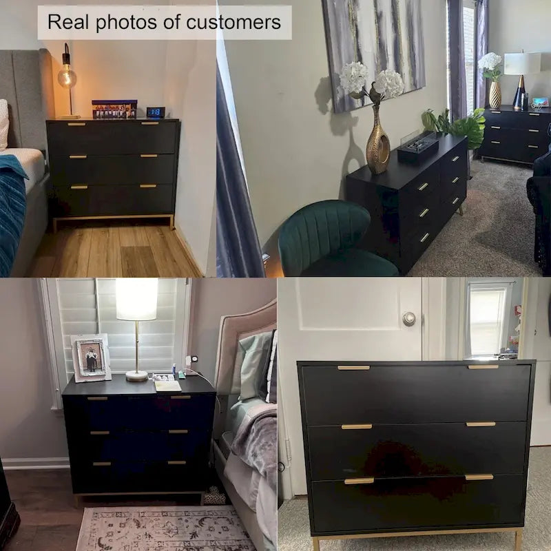 3-Drawer Black Dresser with Gold Handles and Metal Legs