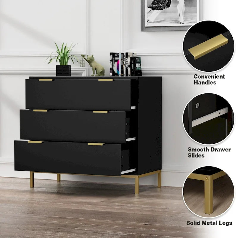 3-Drawer Black Dresser with Gold Handles and Metal Legs