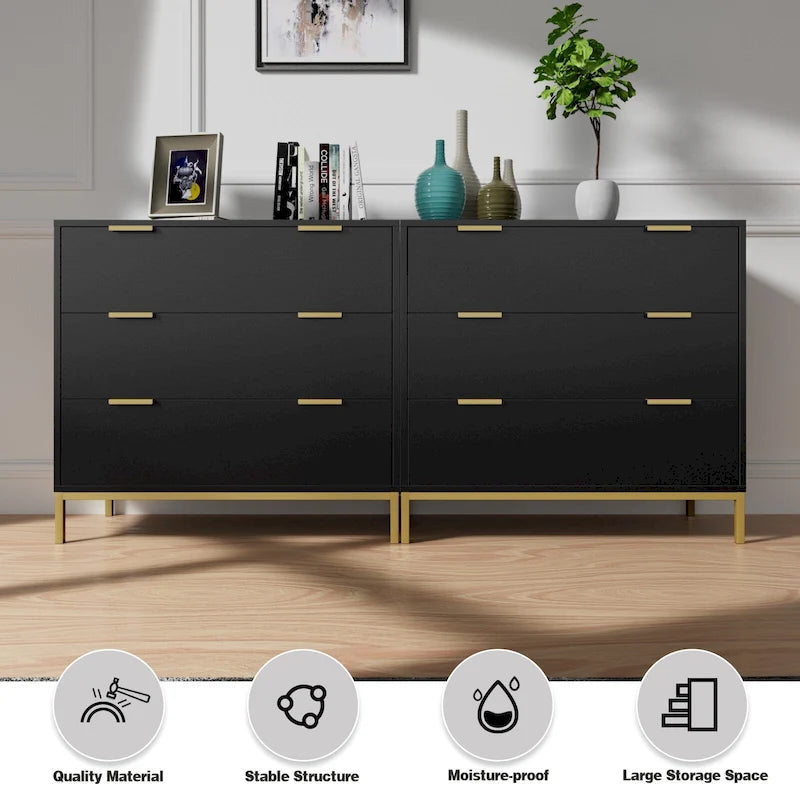 3-Drawer Black Dresser with Gold Handles and Metal Legs