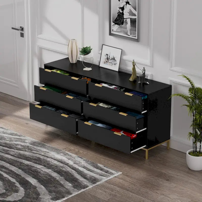 3-Drawer Black Dresser with Gold Handles and Metal Legs