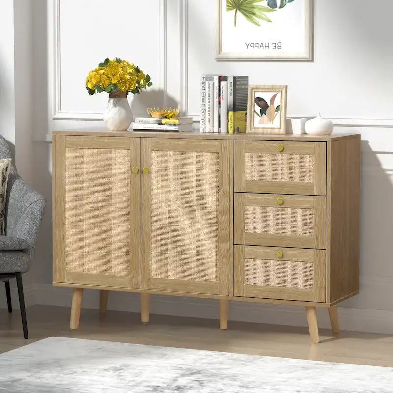Mid-Century Modern 2-Door Rattan Buffet Sideboard with 3 Drawers
