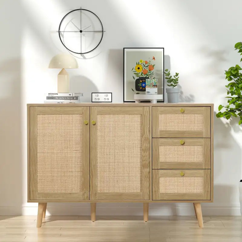 Mid-Century Modern 2-Door Rattan Buffet Sideboard with 3 Drawers