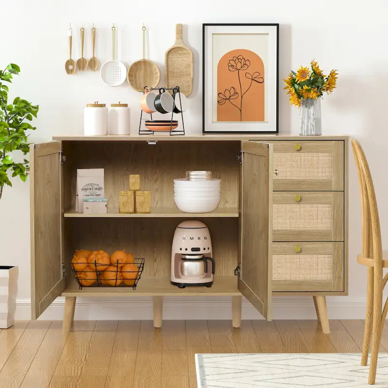 Mid-Century Modern 2-Door Rattan Buffet Sideboard with 3 Drawers