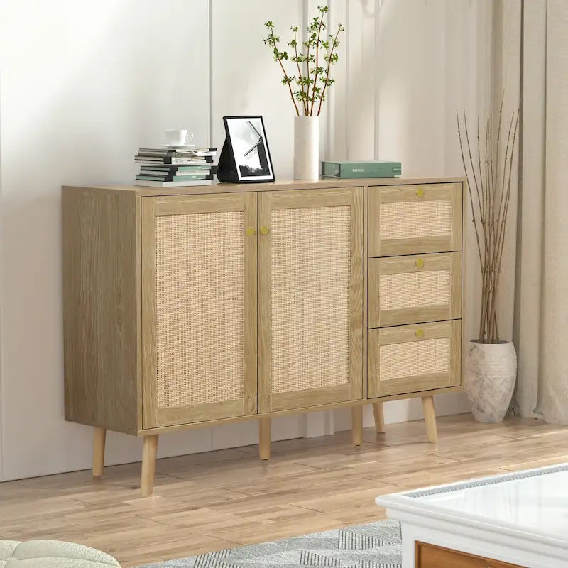 Mid-Century Modern 2-Door Rattan Buffet Sideboard with 3 Drawers
