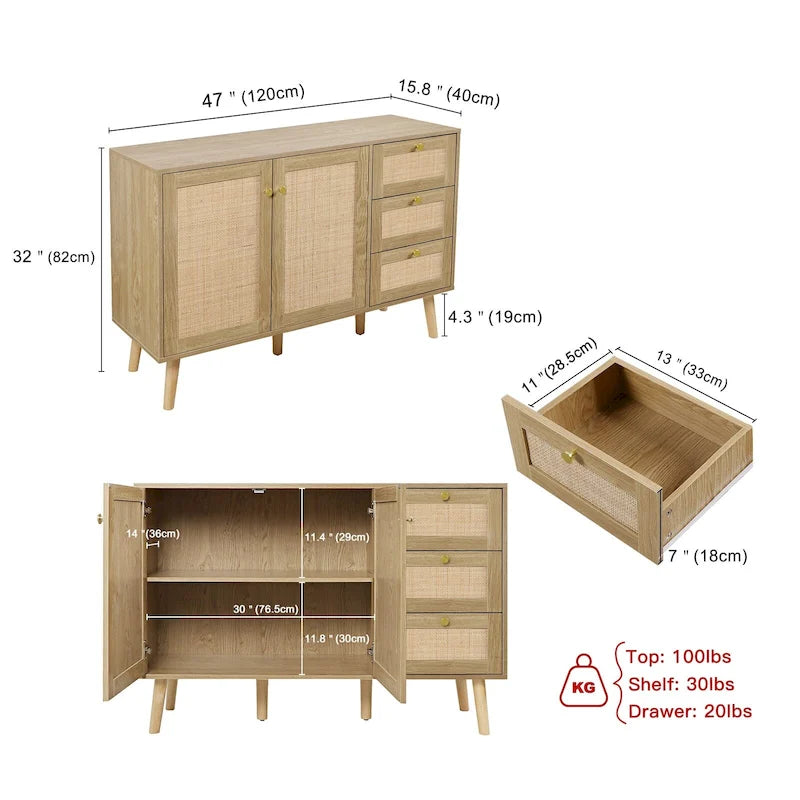 Mid-Century Modern 2-Door Rattan Buffet Sideboard with 3 Drawers
