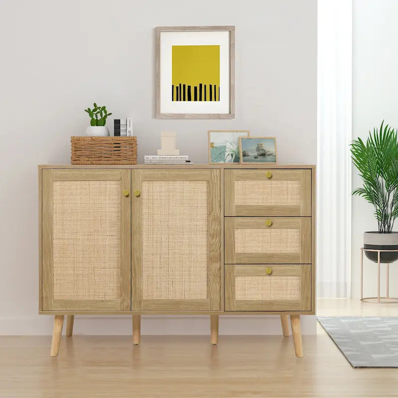 Mid-Century Modern 2-Door Rattan Buffet Sideboard with 3 Drawers