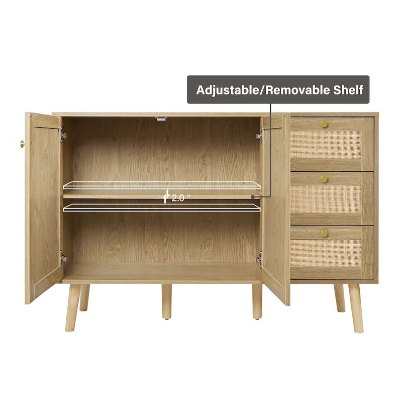 Mid-Century Modern 2-Door Rattan Buffet Sideboard with 3 Drawers