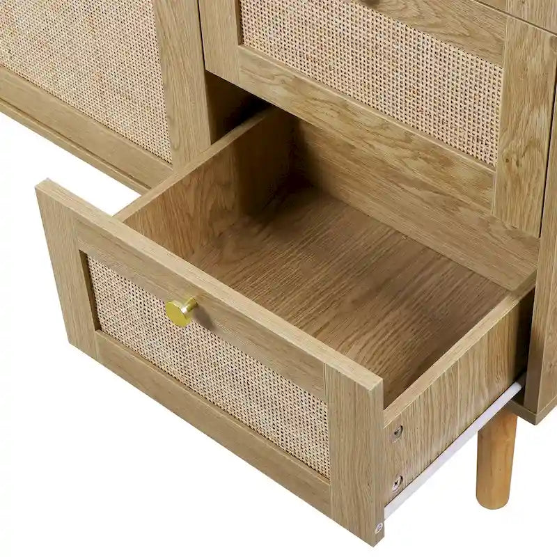Mid-Century Modern 2-Door Rattan Buffet Sideboard with 3 Drawers