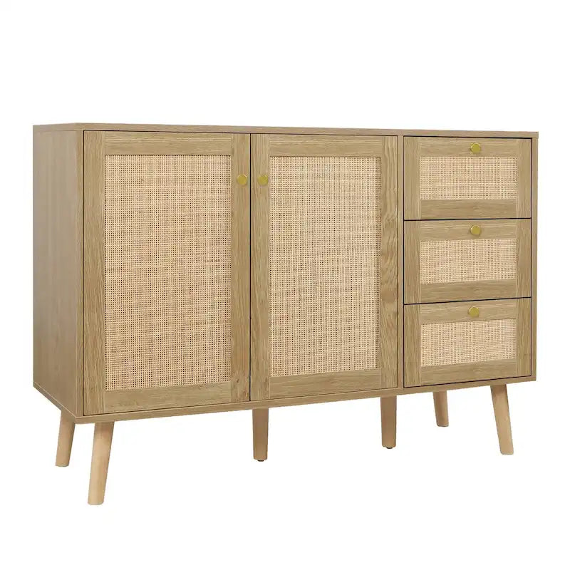 Mid-Century Modern 2-Door Rattan Buffet Sideboard with 3 Drawers