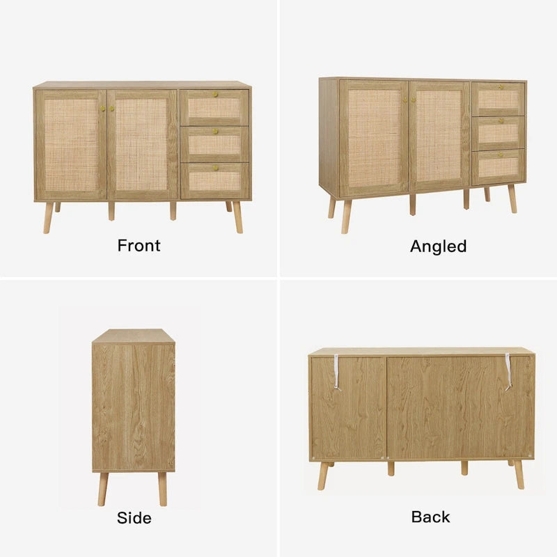 Mid-Century Modern 2-Door Rattan Buffet Sideboard with 3 Drawers