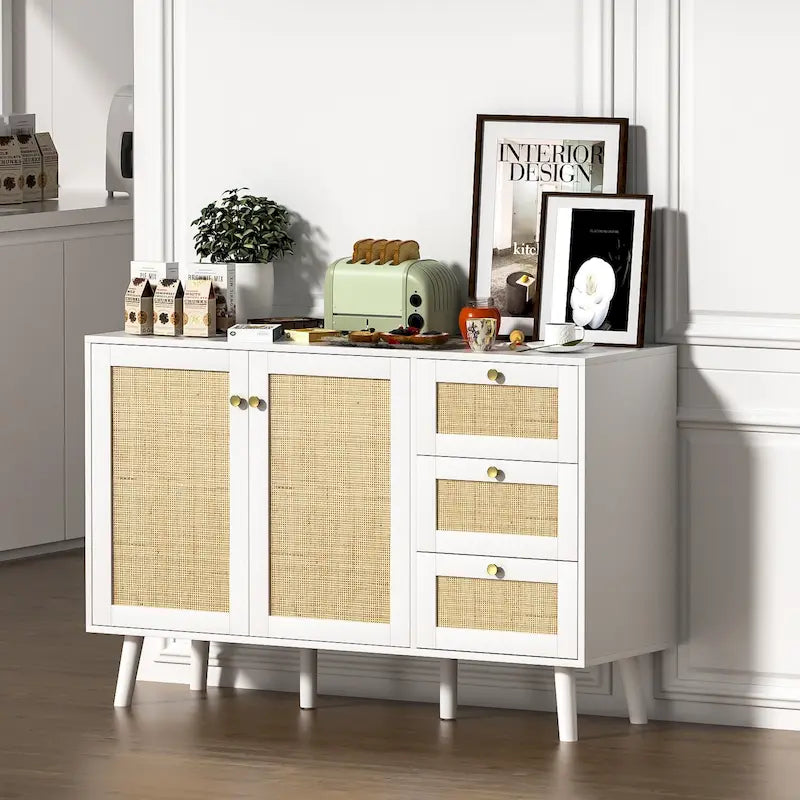Mid-Century Modern 2-Door Rattan Buffet Sideboard with 3 Drawers