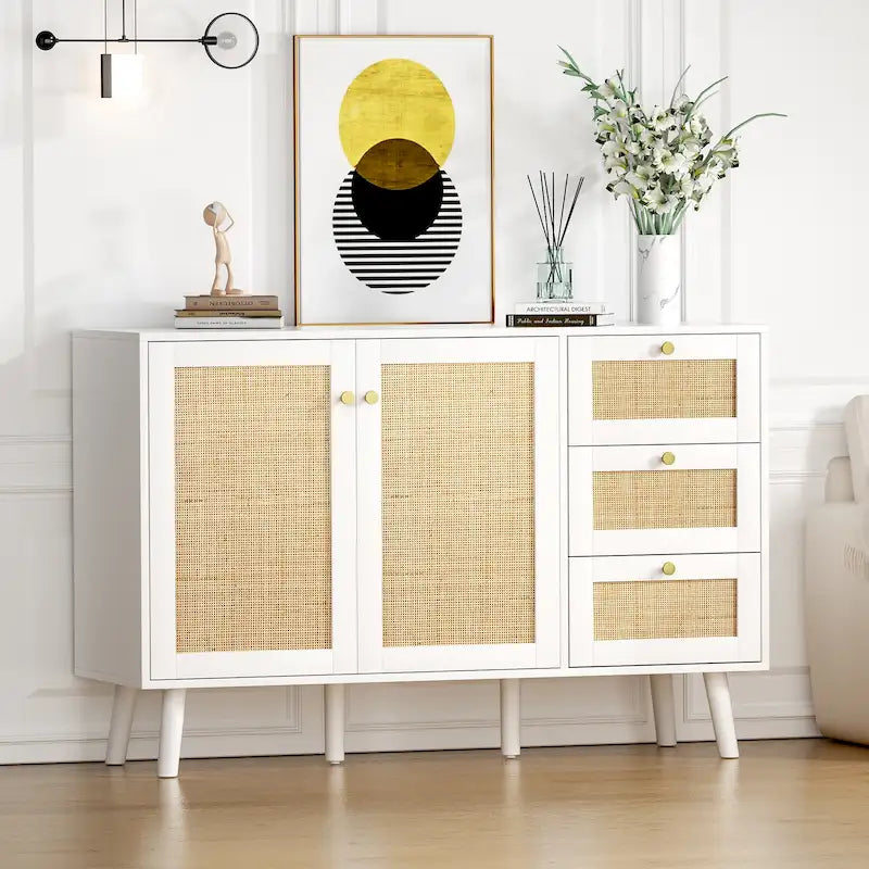 Mid-Century Modern 2-Door Rattan Buffet Sideboard with 3 Drawers