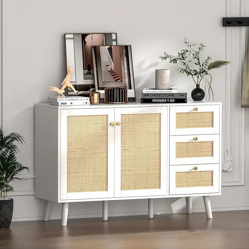 Mid-Century Modern 2-Door Rattan Buffet Sideboard with 3 Drawers