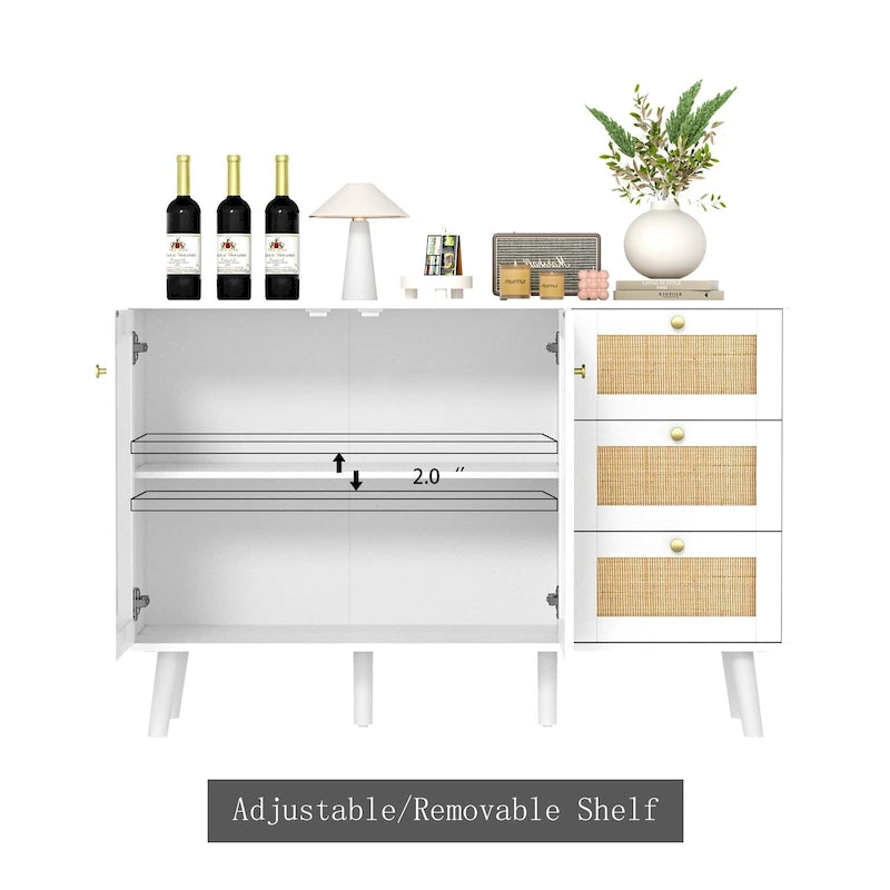 Mid-Century Modern 2-Door Rattan Buffet Sideboard with 3 Drawers