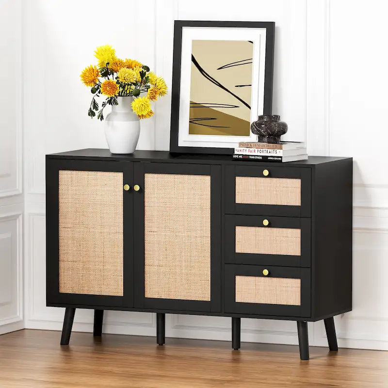 Mid-Century Modern 2-Door Rattan Buffet Sideboard with 3 Drawers