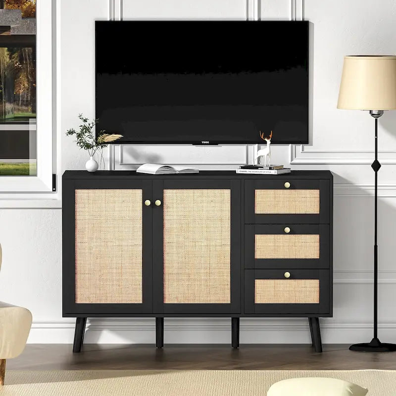 Mid-Century Modern 2-Door Rattan Buffet Sideboard with 3 Drawers