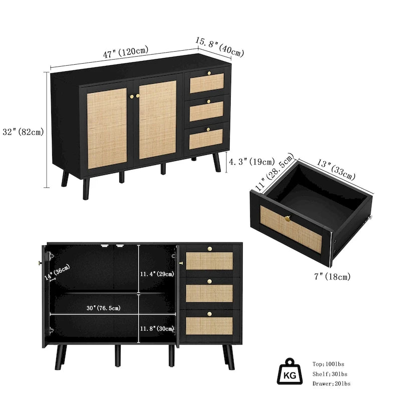 Mid-Century Modern 2-Door Rattan Buffet Sideboard with 3 Drawers