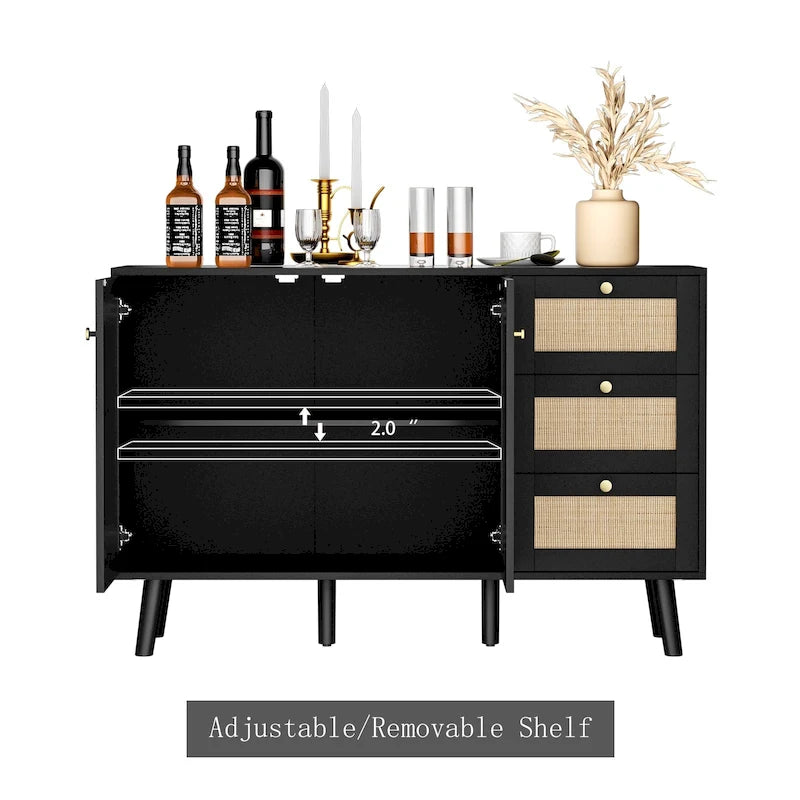 Mid-Century Modern 2-Door Rattan Buffet Sideboard with 3 Drawers