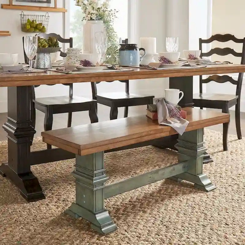 Eleanor Two-Tone Trestle Leg Wood Dining Bench