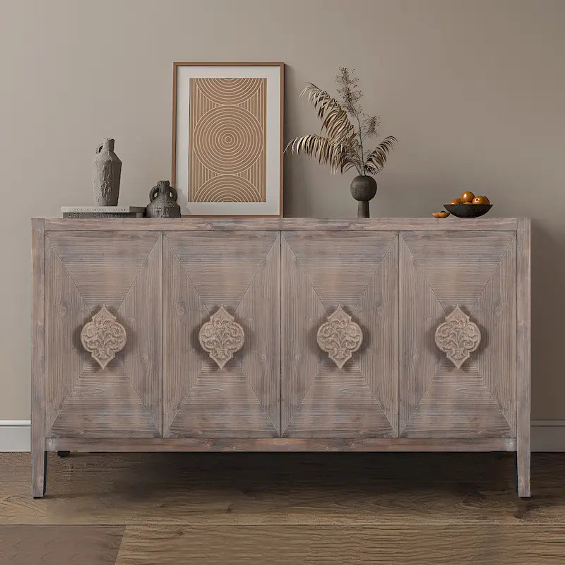 Antique Carved Flower Door Sideboard Storage Cabinet